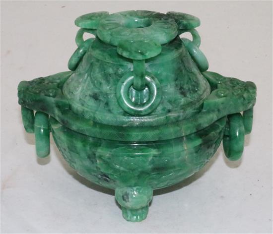 A good Chinese archaistic green jadeite censer and cover, Ding, 19th / 20th century, weight 1.6kg, width 16.7cm, height 13cm